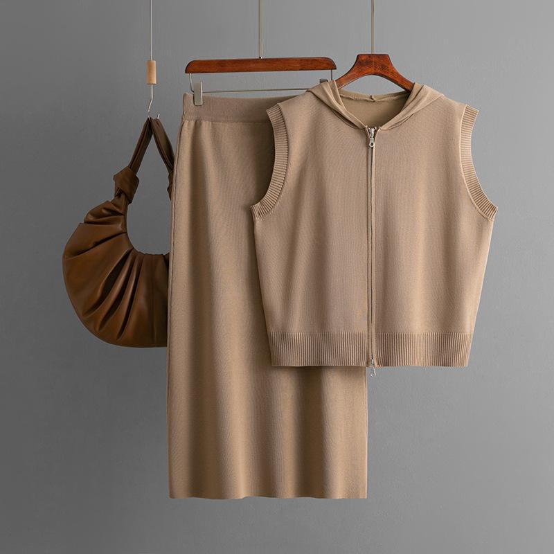 Summer Hooded Knitted Vest Cardigan Women's Fashion Set Skirt Loose Zipper Two-piece Set