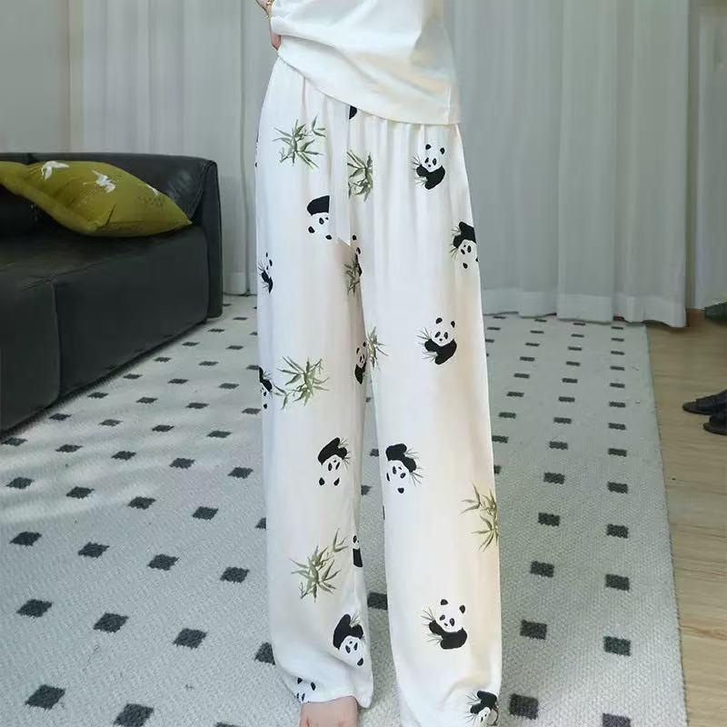 Damen-Blumen-Baumwoll-Seiden-Pyjama - Große Größen, Sommer, Leicht, Für draußen, Gerades Bein, Lockerer Schnitt