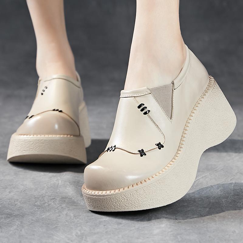 Fashion GKTINOO Retro Flat Platform Women Wedges Shoes Luxury 6cm Platform Shoes Thick Heels Genuine Leather Casual Elastic Band Pumps