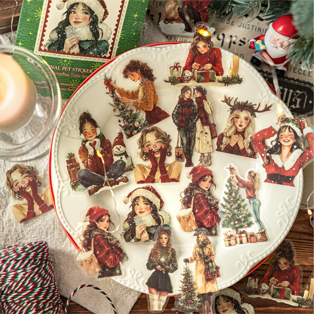 30sheets/bag Retro Christmas Theme PET Stickers Creative Decoration DIY Junk Journal Scrapbook Aesthetic Material Craft Supplies