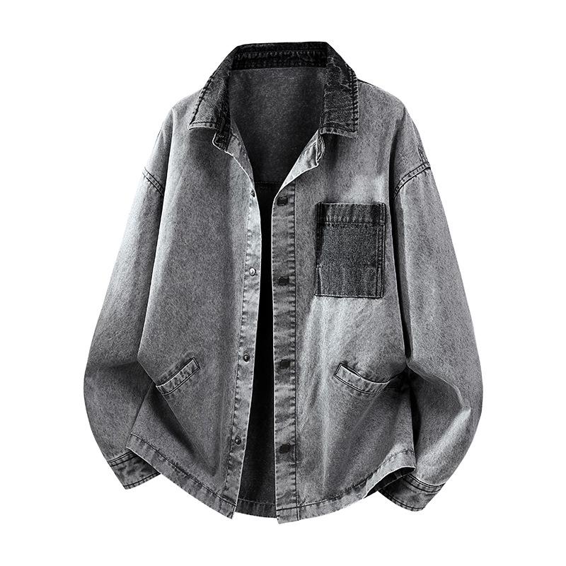 Men's Spring 2026 Retro Washed Cotton Jacket with Patchwork Lapel - Casual Trendy Outerwear