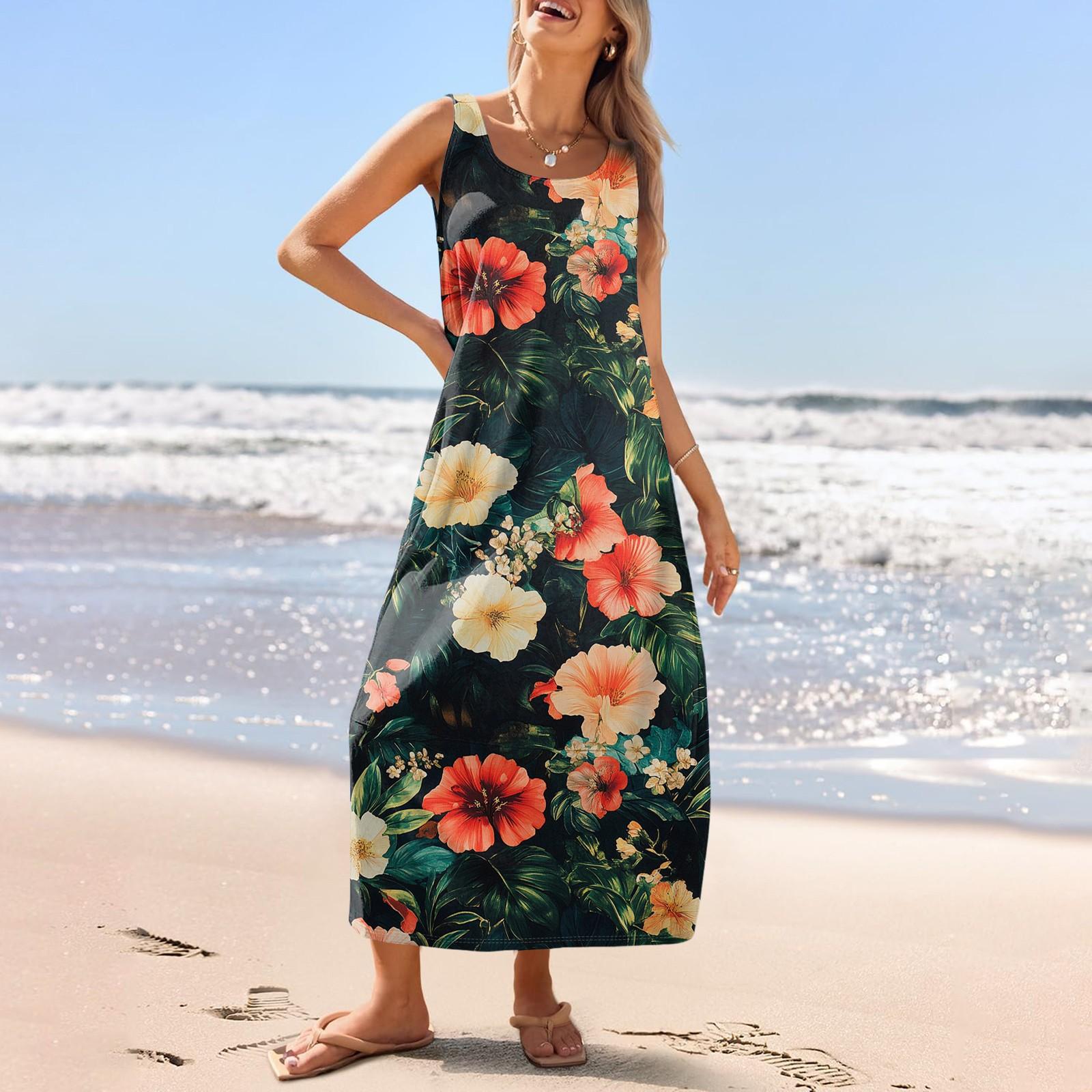 Женский повседневный длинный сарафан, летнее пляжное платье, круглый вырез, без рукавов, свободный сарафан XL