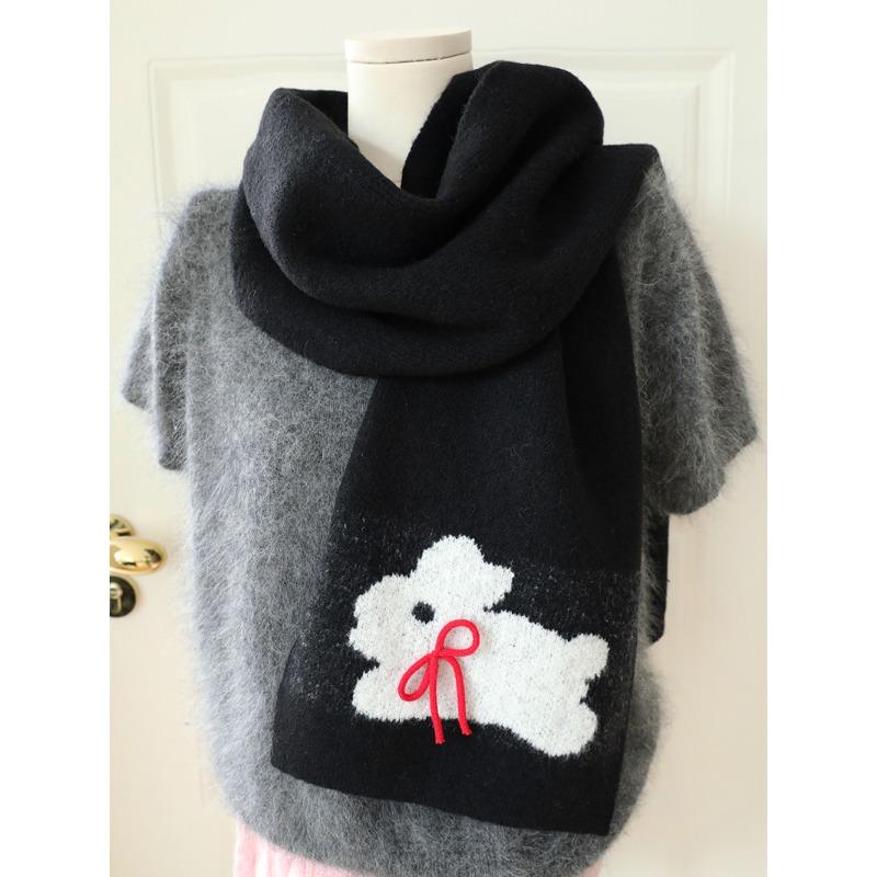 Sweet Cool Rabbit Handmade Bow Winter Warm Scarf Women's Knitted Wool Imitation Cashmere Scarf Solid Color Cartoon Korean