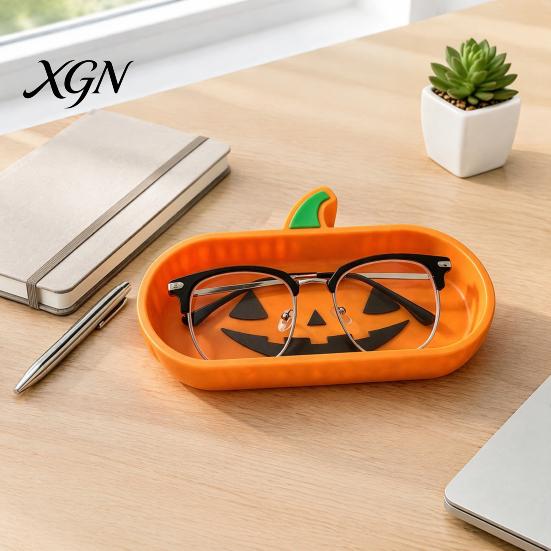 Halloween Home Decor 3D Printed Pumpkin Glasses Storage Tray, Decorative Desktop Organizer Tray for Sunglasses Keys & Jewelry, Themed Entrance Key