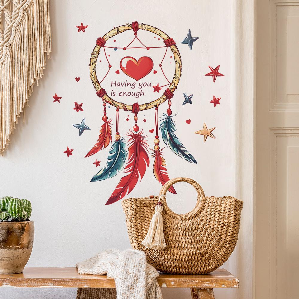 Bohemian Dreamcatcher with Colorful Feathers and Stars Wall Stickers, Whimsical Wall Art for Bedroom, Living Room and Hallway Home Decor
