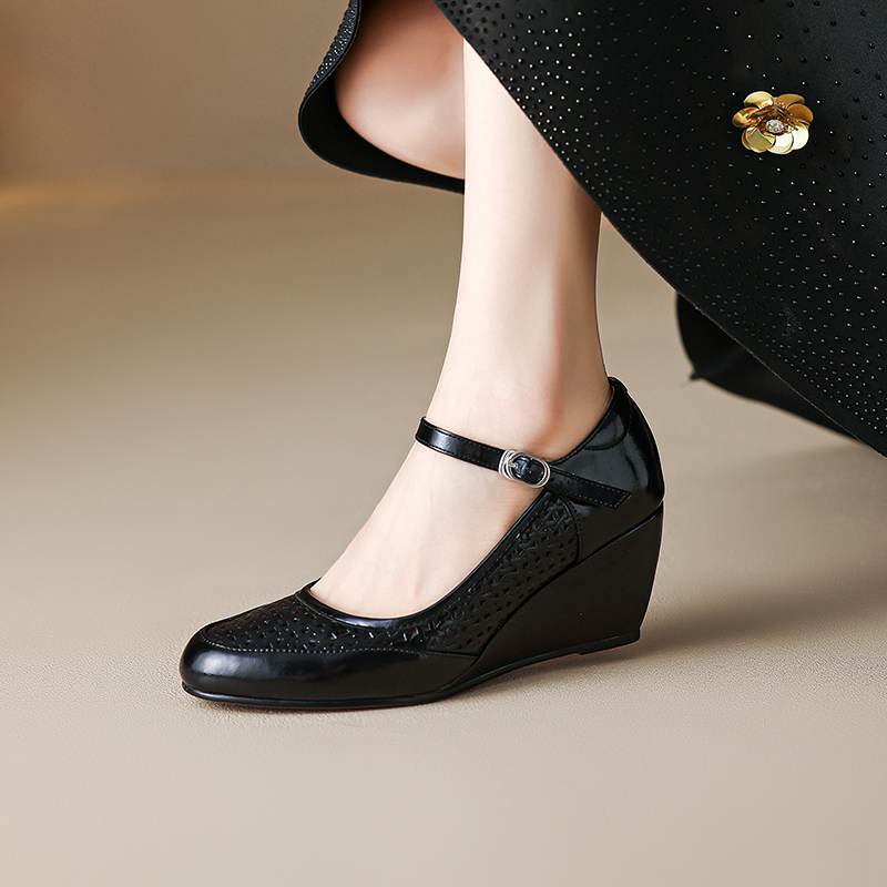 

Krazing Pot Ретро Коровья кожа Круглый носок Размер 41 Танкетка Высокий каблук Ажурная отделка Дышащие Осенние туфли 41 чёрный