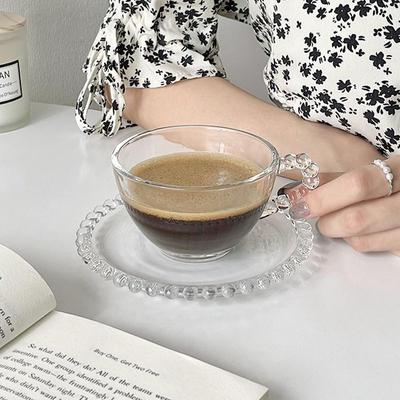 220 ml Perlenglas-Perlenschale, Milchkaffeetassen-Set, Nachmittagsteetasse, transparente konzentrierte Kaffeetasse, Kaffeetischdekoration