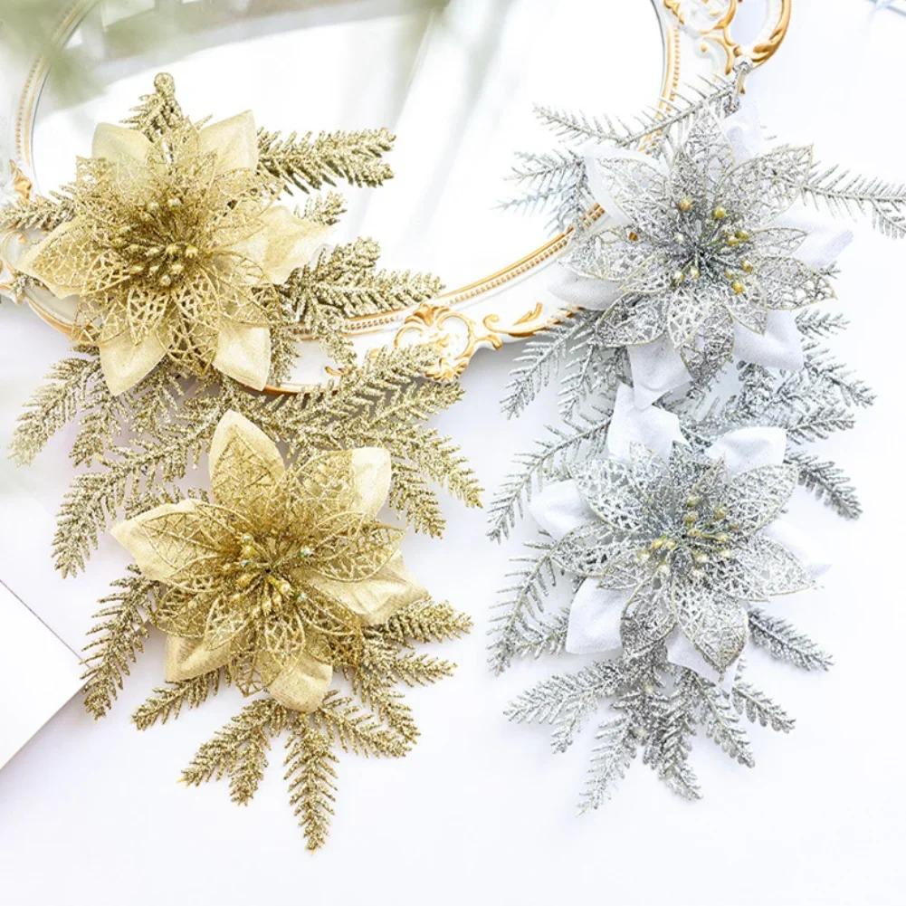 2pcs Gold Glittered Christmas Floral Arrangement Holiday Decor For Trees Gold Dusted Christmas Flower 18x32cm