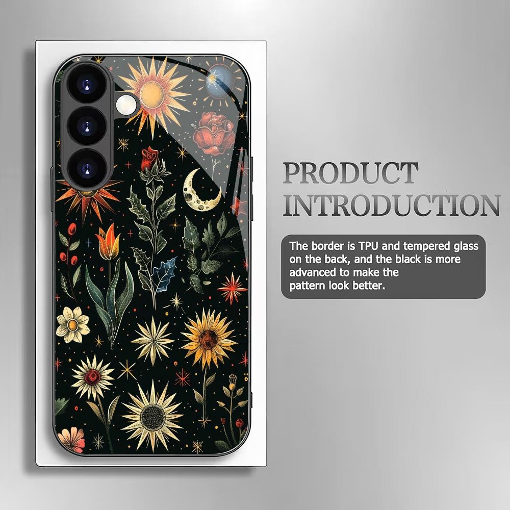 Retro Floral Plant Tempered Glass Phone Case Suitable for Samsung Galaxy S26 S25 S24 S23 S22 S21 S20 FE/Ultra/Plus Anti Drop