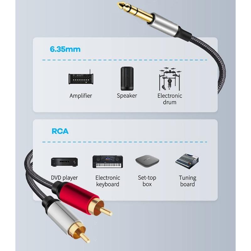 2RCA to 6.35mm AUXs Cable, 6.35mm 1/4 to 2RCA Male Headphone Adapter Y Splitter Stereo Sound Cord for Tablets