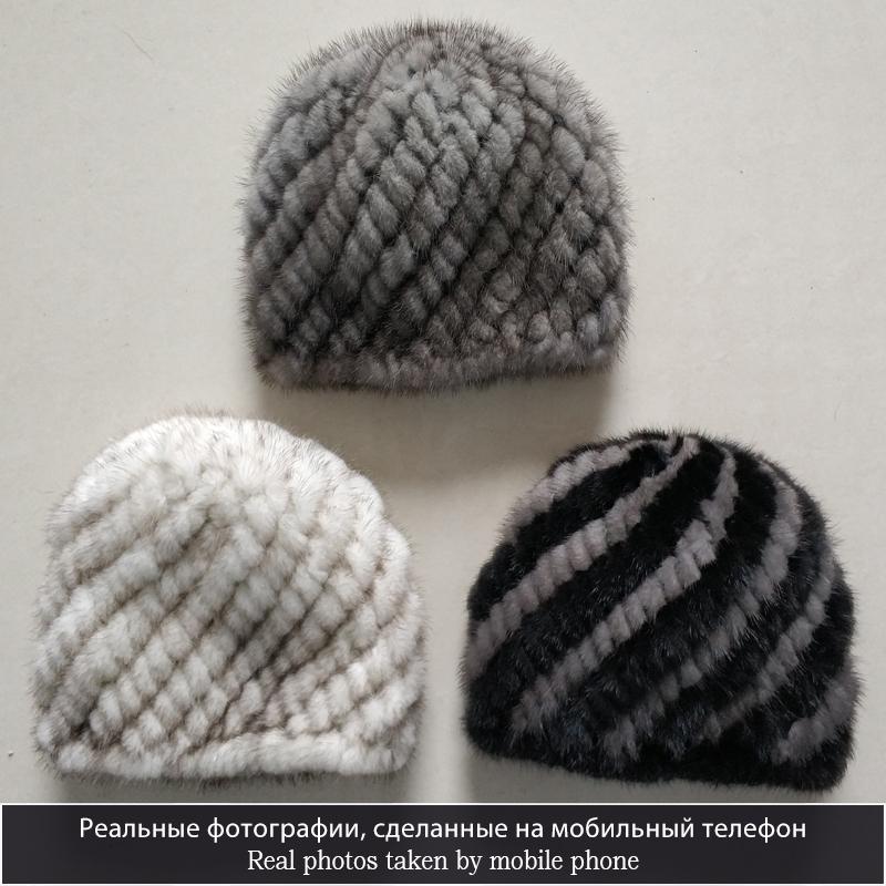 Real Natural Mink Hats for Women Winter Knitting Ear Warm Two-color Match Cap Cross-weave With New Fashion fur hat