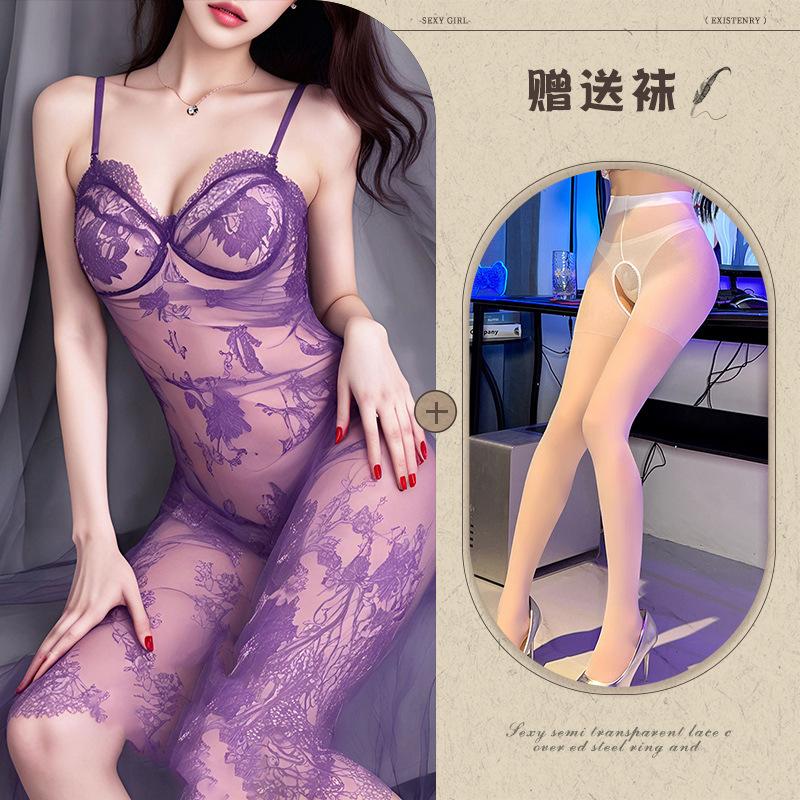 Sex Underwear Purple Suspender Pajama Set Sexy Lace Uniform Temptation Tease See-Through Dress