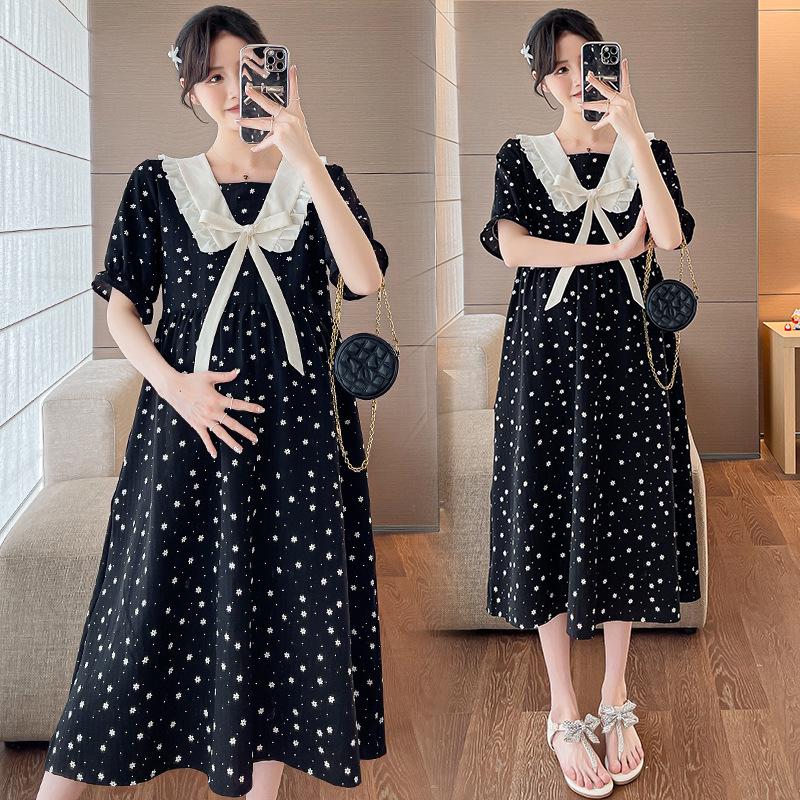 2026 Summer Maternity Lace-up Slimming Mid-Length Dress M