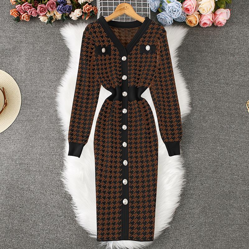 Autunno Inverno Donna Elegante Scollo a V Pied de poule Maglione Lavorato a Maglia Ufficio Festa Slim Aderente Tubino Abiti
