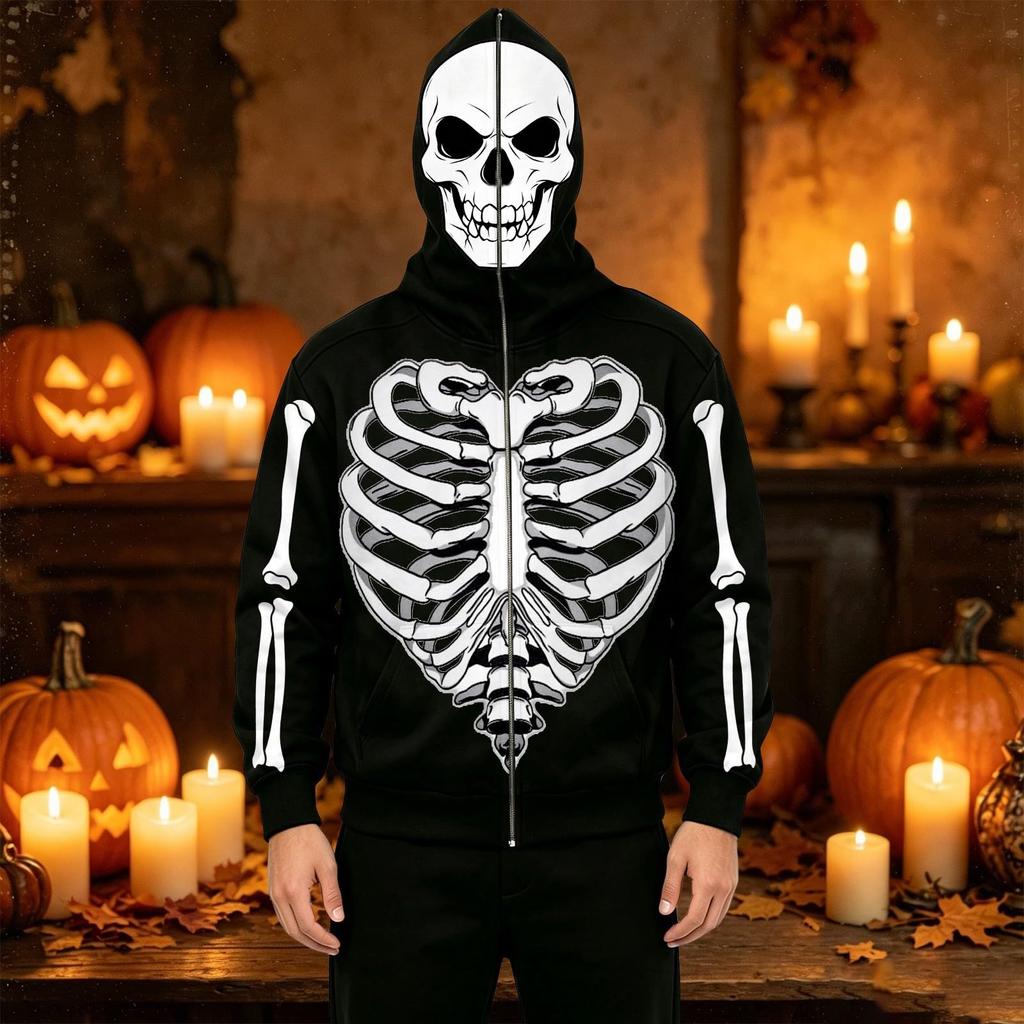 Men's Fashion Casual Halloween Print Hooded Jacket with Pockets for Fall and Winter
