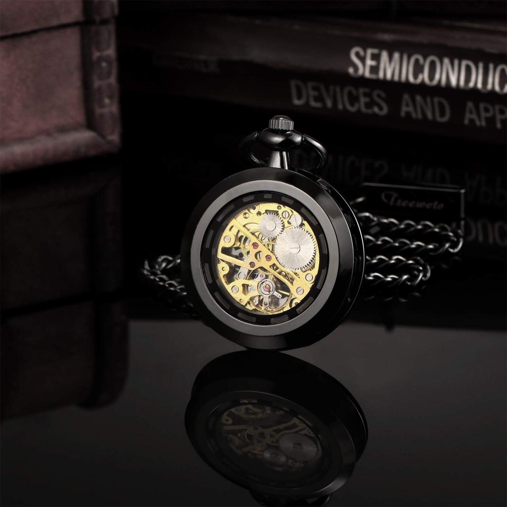 TREEWETO Pocket Watch, Hand-wound, Antique, Mechanical, Skeleton, Men's, with Chain (black)