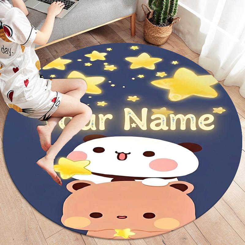 Bear Panda Night Custom Name Round Area Rug Carpet Rug For Living Room Bedroom Sofa Playroom Decor Nonslip Floor Mat
