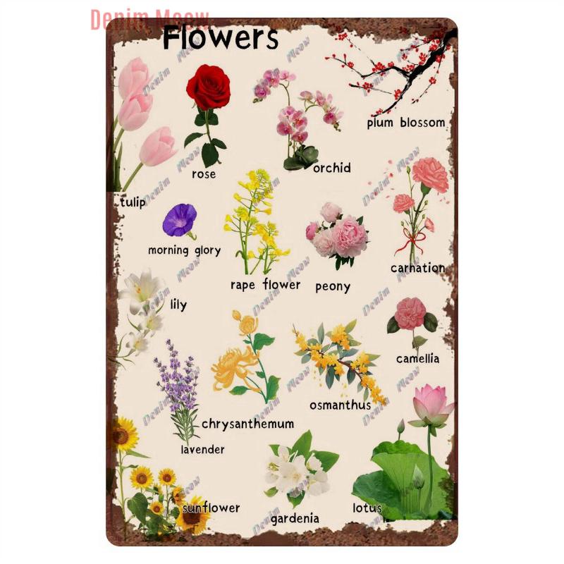Funny Plants Metal Tin Sign Vintage English Flowers Retro Fruits Butterflys Animals Wall Poster Home Plates WY