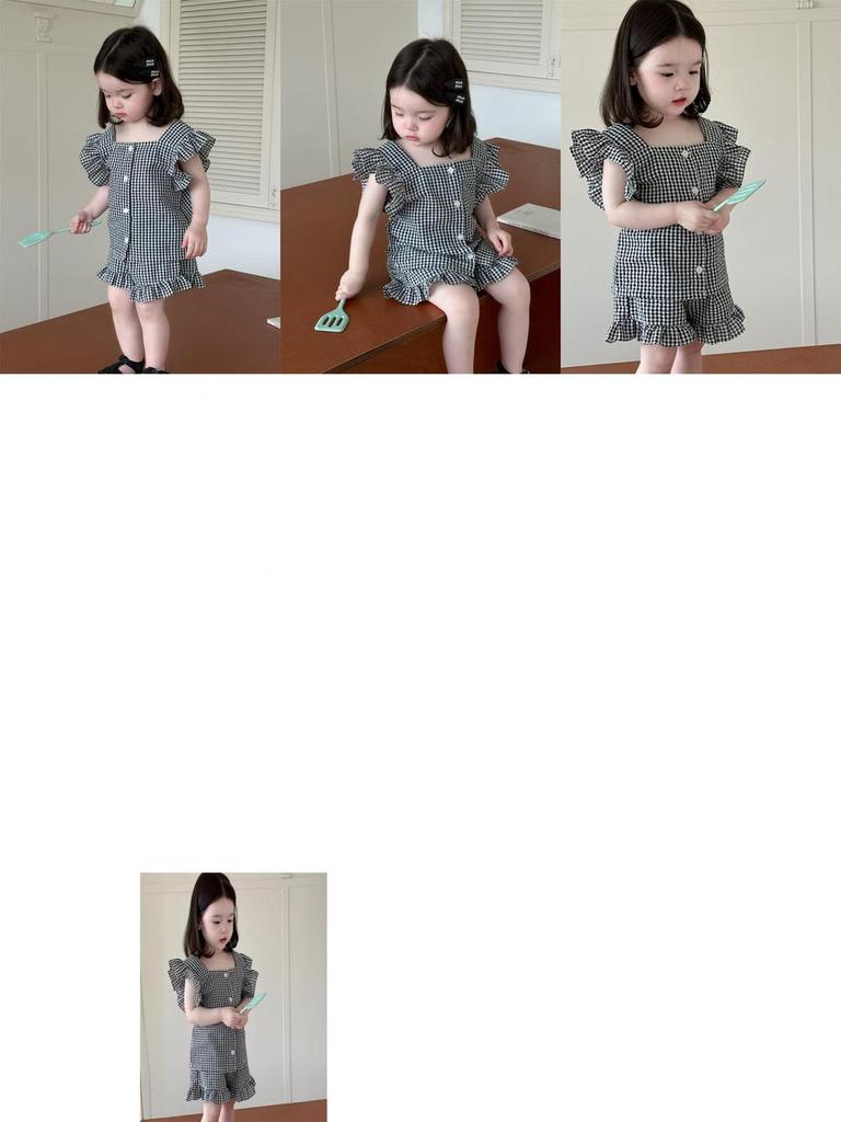 Rozkošný kojenecký letní outfit Dvoudílná sada Roztomilé kreslené bavlněné tričko s krátkým rukávem a šortky pro kojence v černém a kávovém kostkovaném vzoru