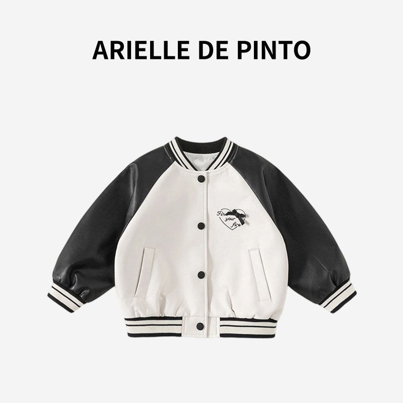 French Arielle De Pinto New Spring and Autumn Jacket for Boys and Girls, Color-Blocked Baseball Jacket, Casual Jacket, Leather Jacket White 110cm