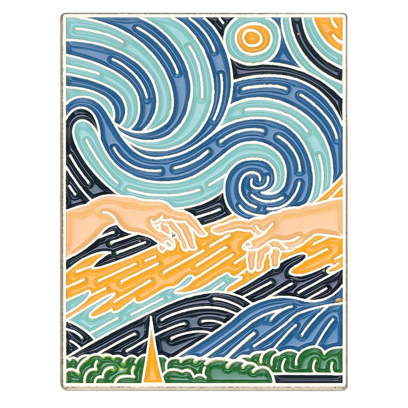 Creative Retro Oil Painting Cat Waves Brooch Charming Alloy Pin For Men And Women