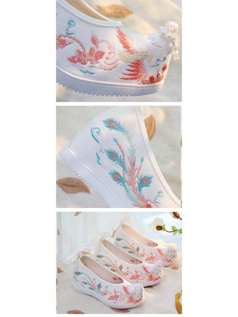 2025 Nové červené svatební boty s křišťálovými korálky, 7cm vnitřní styl Xiuhe, čínské přípitkové Hanfu starověké svatební boty