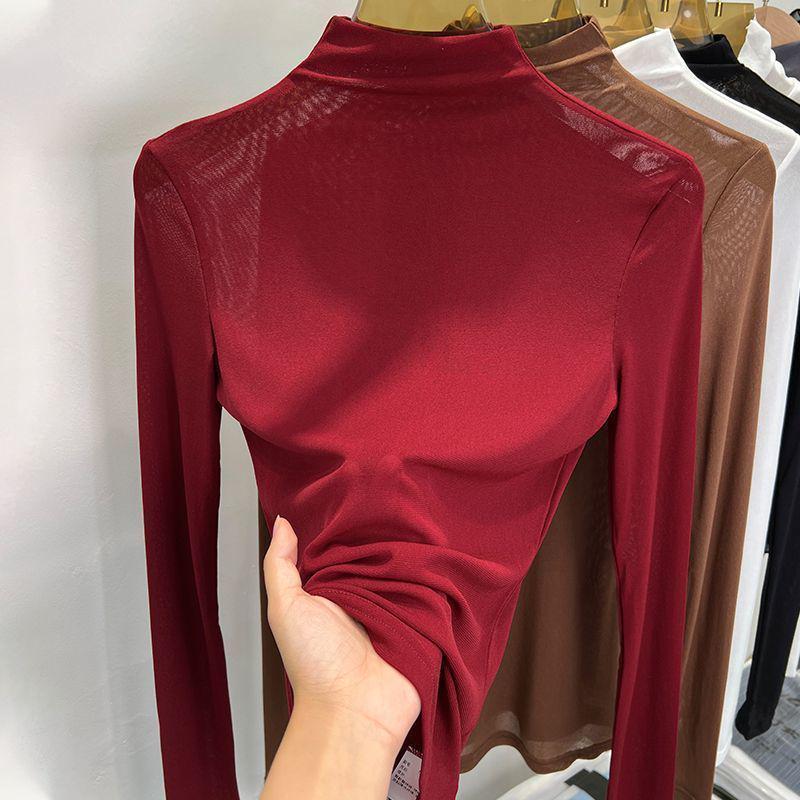 Women's Black Sheer Mesh Half-High Collar Long Sleeve Lace Top for Spring & Summer