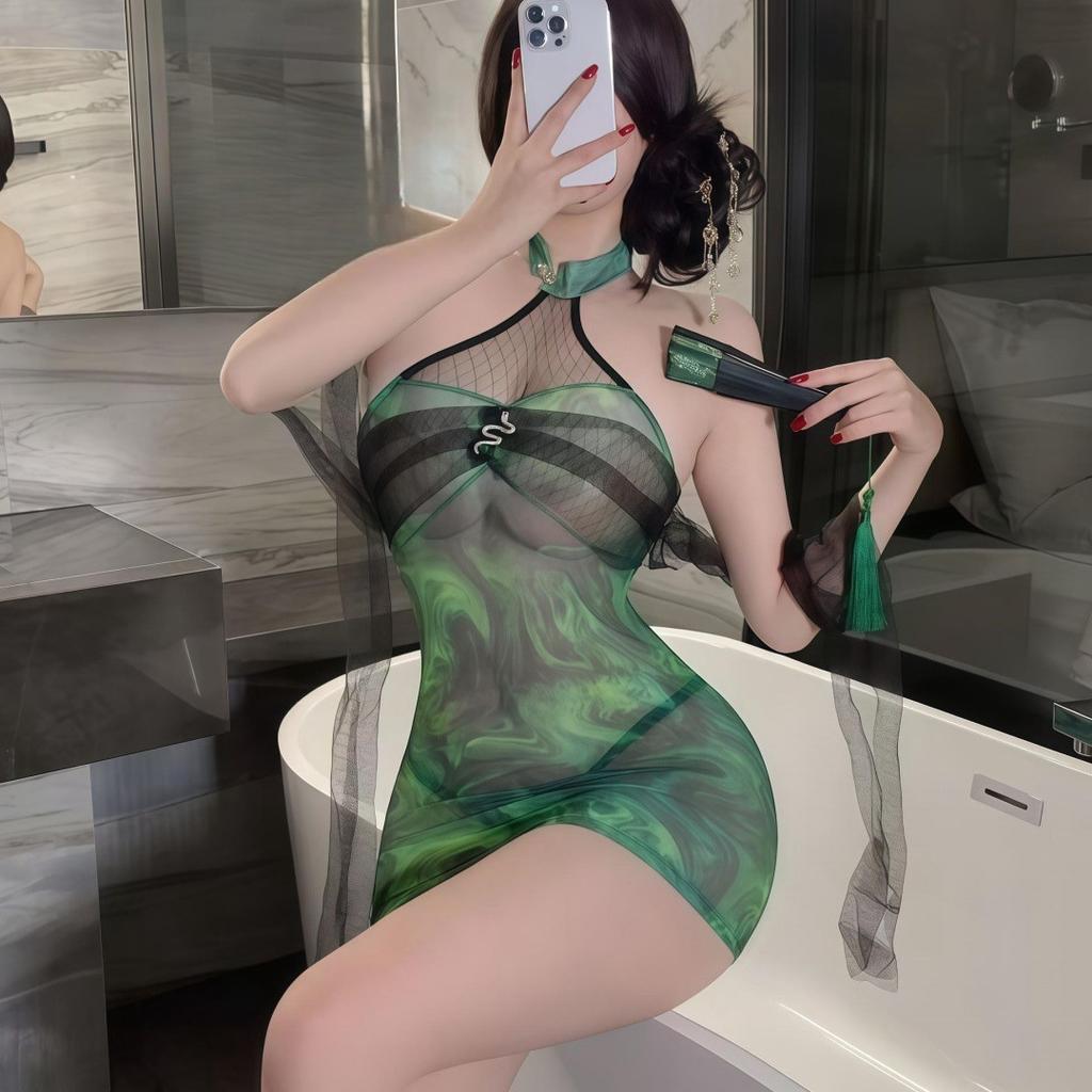Sex underwear women's green cheongsam sexy stand-up collar hanging neck silk see-through dress hip-wrapped uniform reticulated