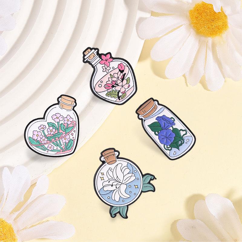 Aesthetic Bottle Flower Badges Wild Daisies Cherry Blossom Enamel Pin Cartoon Morning Glory White Lily Brooch Plant Accessories