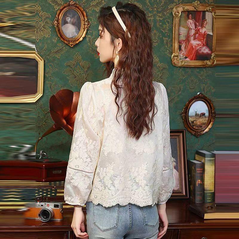 Spring Buckle Embroidered Stand-up Collar Lace Long-sleeved Shirt 2025 New Temperament Top Retro Women