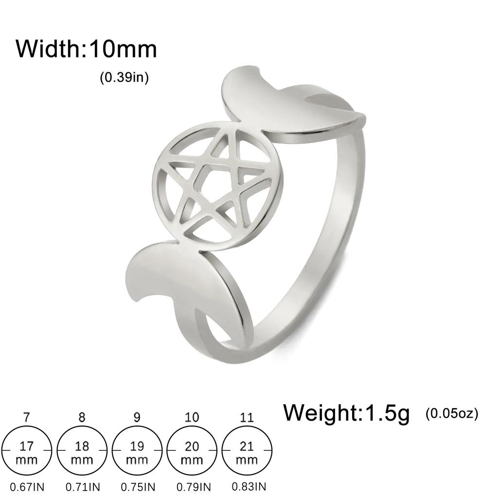 Pierścienie z Pentagramem Bogini Trzech Księżyców dla Kobiet Mężczyzn Stal Nierdzewna Pentakl z Dwoma Księżycami Pierścień Amulet Wicca Biżuteria Prezent Walentynkowy