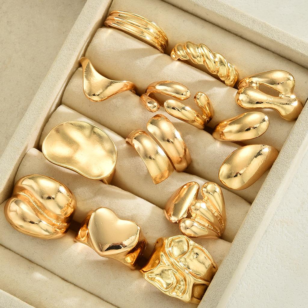 iF ME 12Pcs Gold Color Lava Texture Ring Set For Women Chunky Statement Irregular Heart Teardrop Stackable Rings Minimalist Jewelry