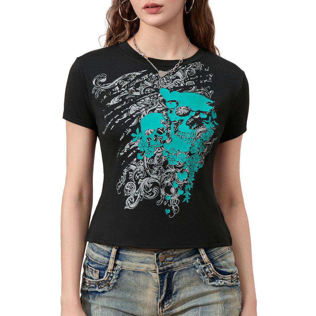 Women Short Sleeve T-Shirts Skull Print Crew Neck Shirts Summer Casual Slim Fit Tops Streetwear