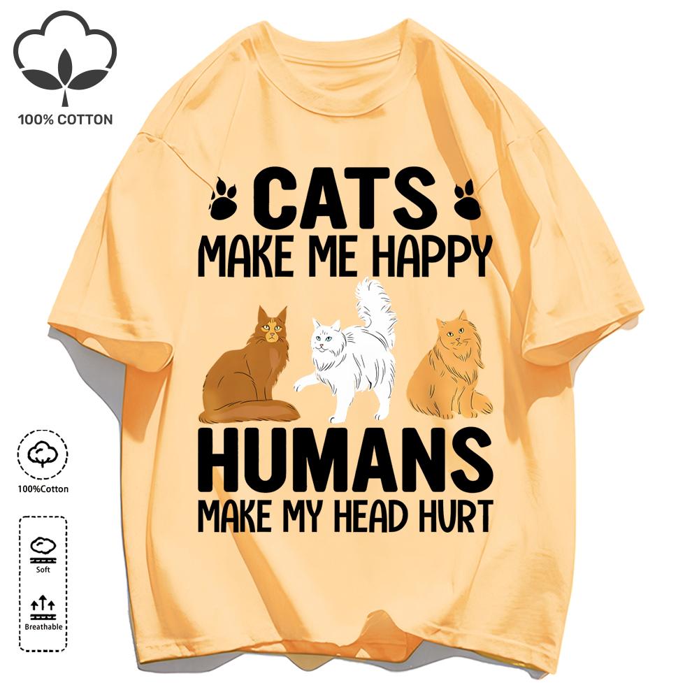 Cat Make Me Happy Design Unisex T Shirts Fashion All-Match T-Shirt Cotton Casual Clothing Summer Loose Unisex Retro Streetwear