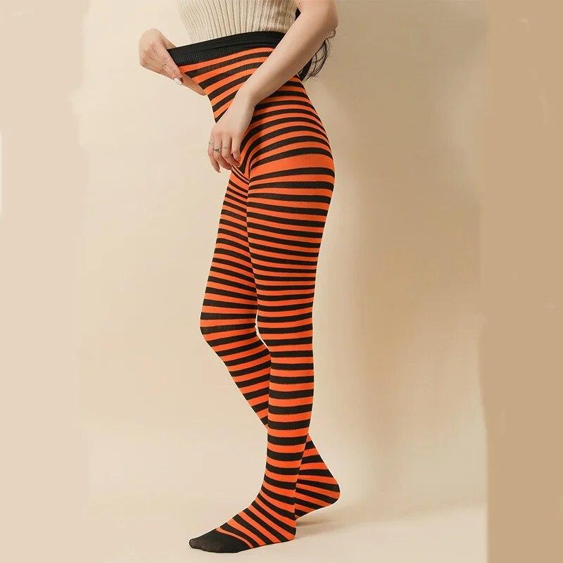 Gothic-Punk-Strumpfhose für Damen, gestreift, Regenbogen, lange Strumpfhose, Halloween, Weihnachten, hohe Taille, Cosplay-Strumpf, elastische, dünne Legging