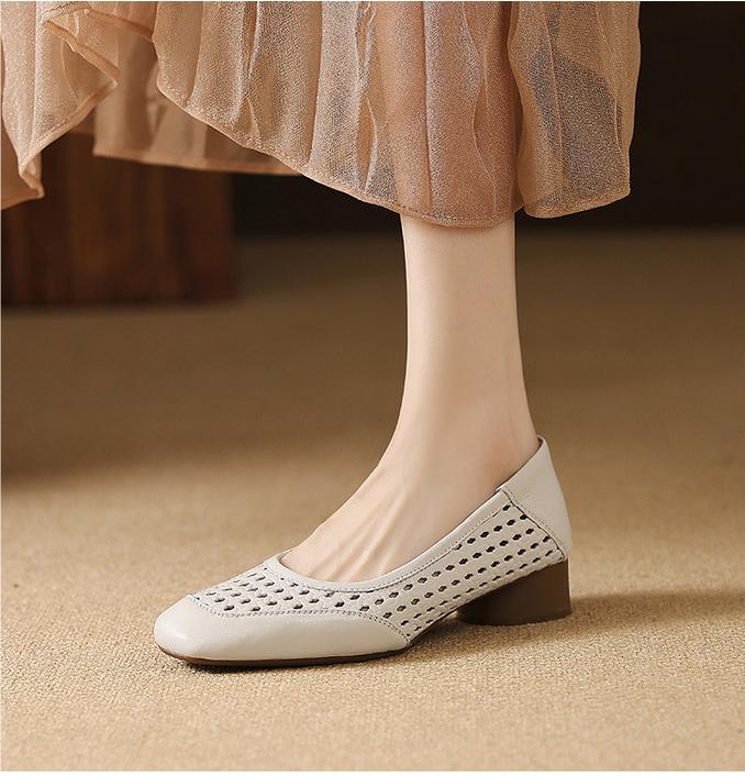 Fashion French Single Women's Summer Cutout Breathable Square Toe Kitten Heel Block Heel Sandals