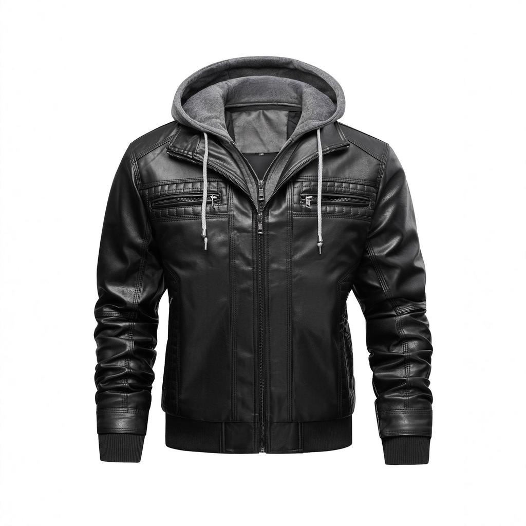 Men's Plus Size PU Leather Motorcycle Jacket with Detachable Hood and Fleece Lining - European & American Trend