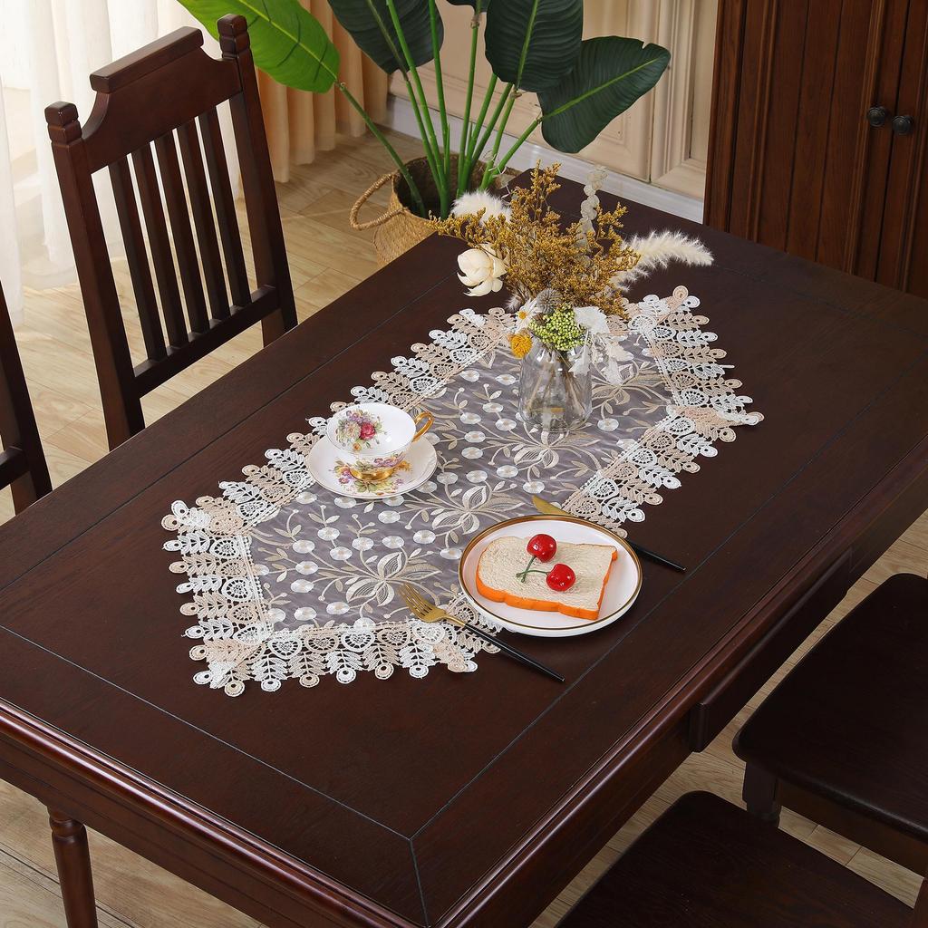 European Lace Embroidered Table Runner & Coaster Set