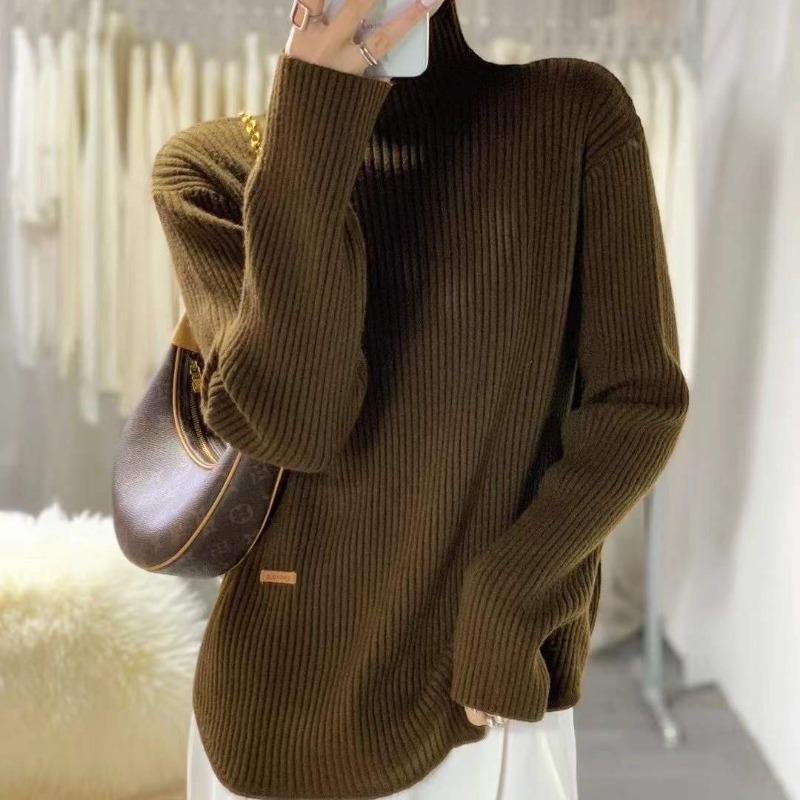 

Трикотажная базовая рубашка с полувысоким воротником и разрезами по низу, женская, с нишевым чувством дизайна, для通勤, универсальная, свободная и тонкая, свитер с длинным рукавом 15329 average size [85-125]