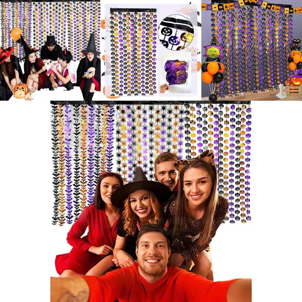 Halloween Plastic Scene Decorative Curtain With Pumpkin Bat Spider For Party Decor And Photo