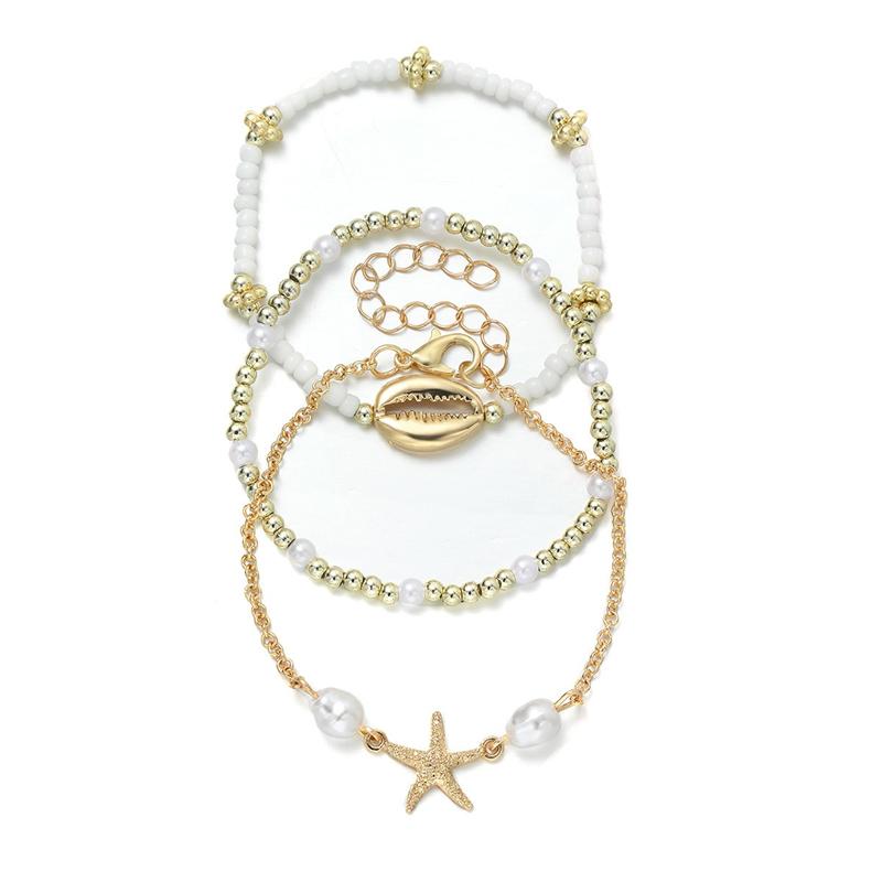 3Pcs Seaside Bohemian Starfish Shells Bracelets Set for Women Gold White Color Rice Beads Bracelets Summer Beach Jewelry Gifts