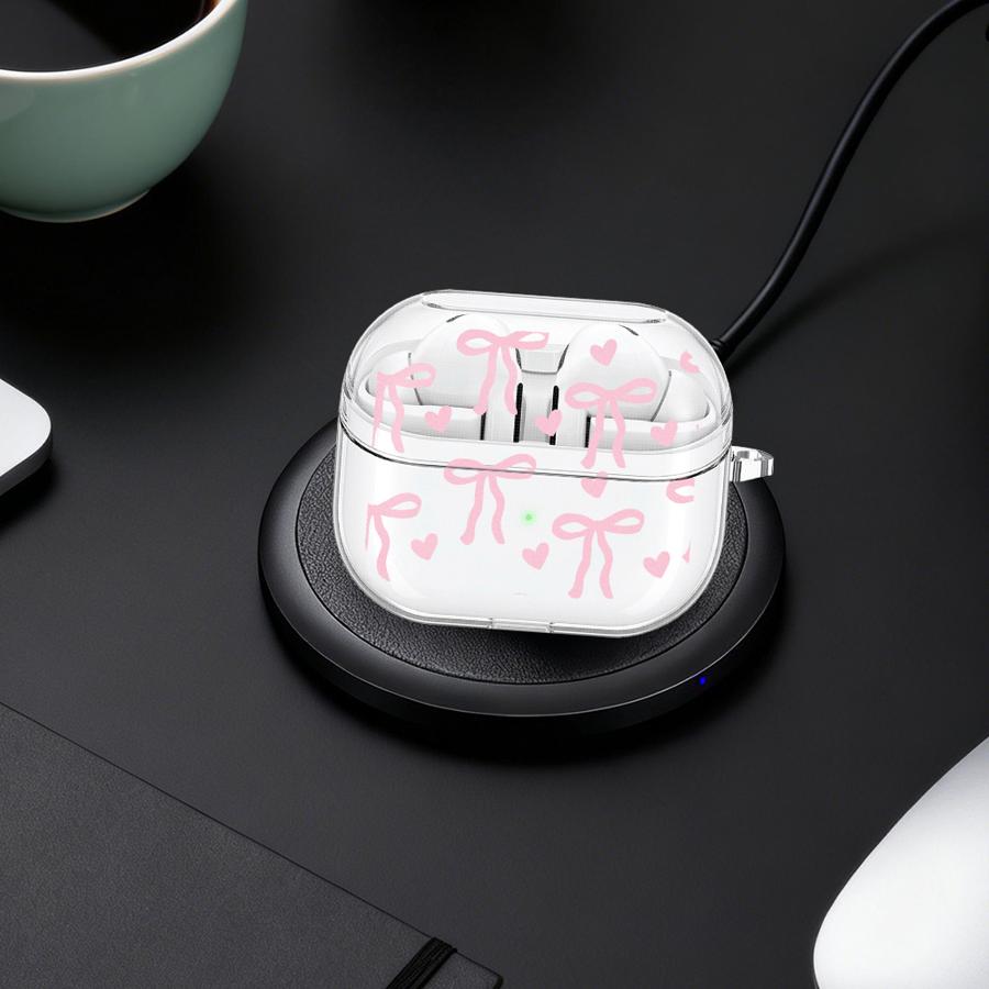 Cute Pink Heart Bow Case For Samsung Galaxy Buds 4Pro 3Pro 3 FE 4 Pro 2Pro Live 2 Clear Earphone Cases Cover With Hook