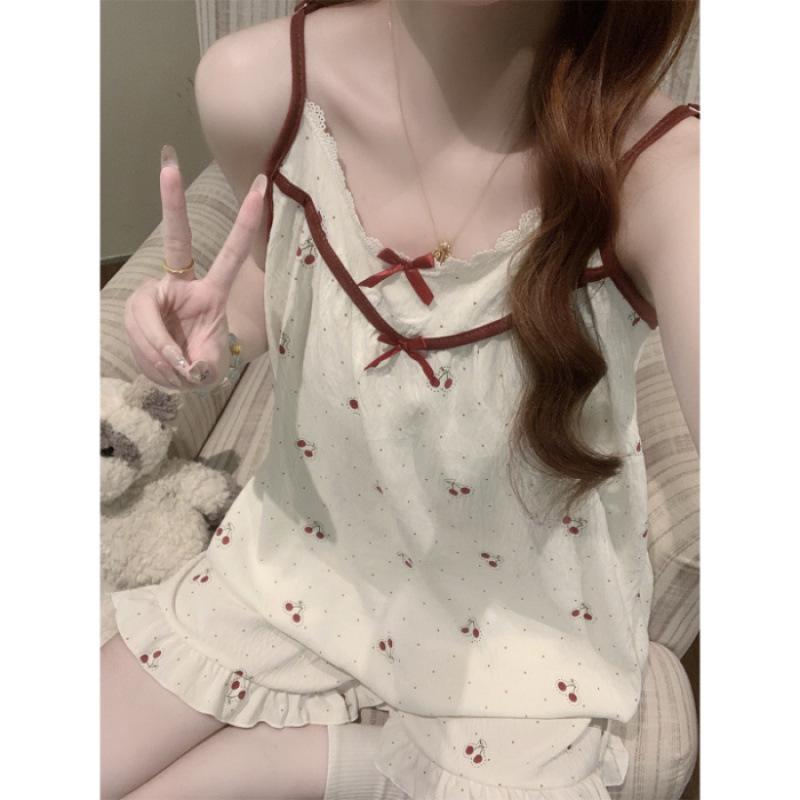 Korean Style Petite Women's Pajama Set with Chest Pads and Sweet Bow Summer Camisole, Suitable for Outdoor Wear