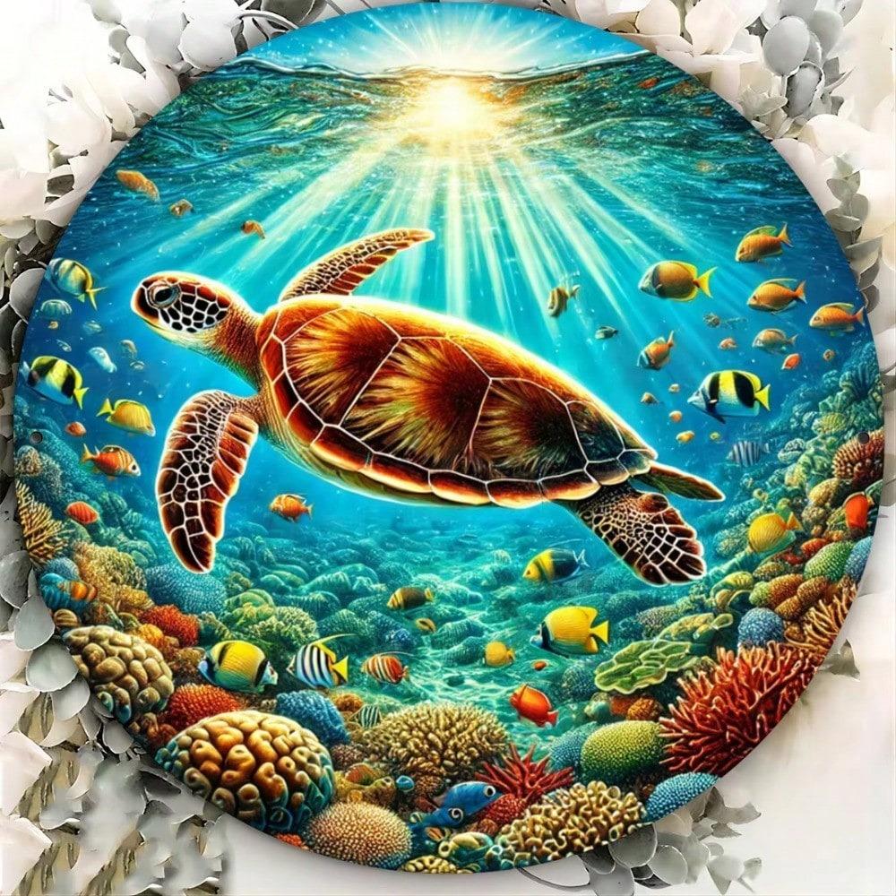 Modern Sea Turtle Metal Wall Art Rustic Ocean Decor Round Metal Sign Home Office