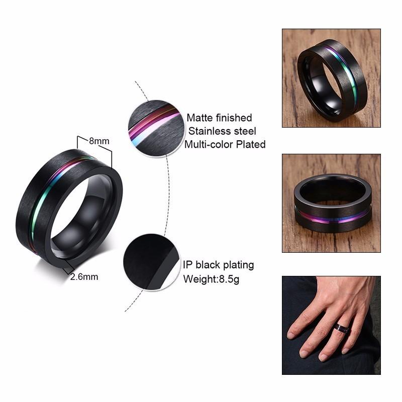 Vnox 6/8mm Svart Ring för Män Kvinnor Spår Regnbåge Rostfritt Stål Vigselringar Trendiga Broderskapsringar Casual Herrsmycken