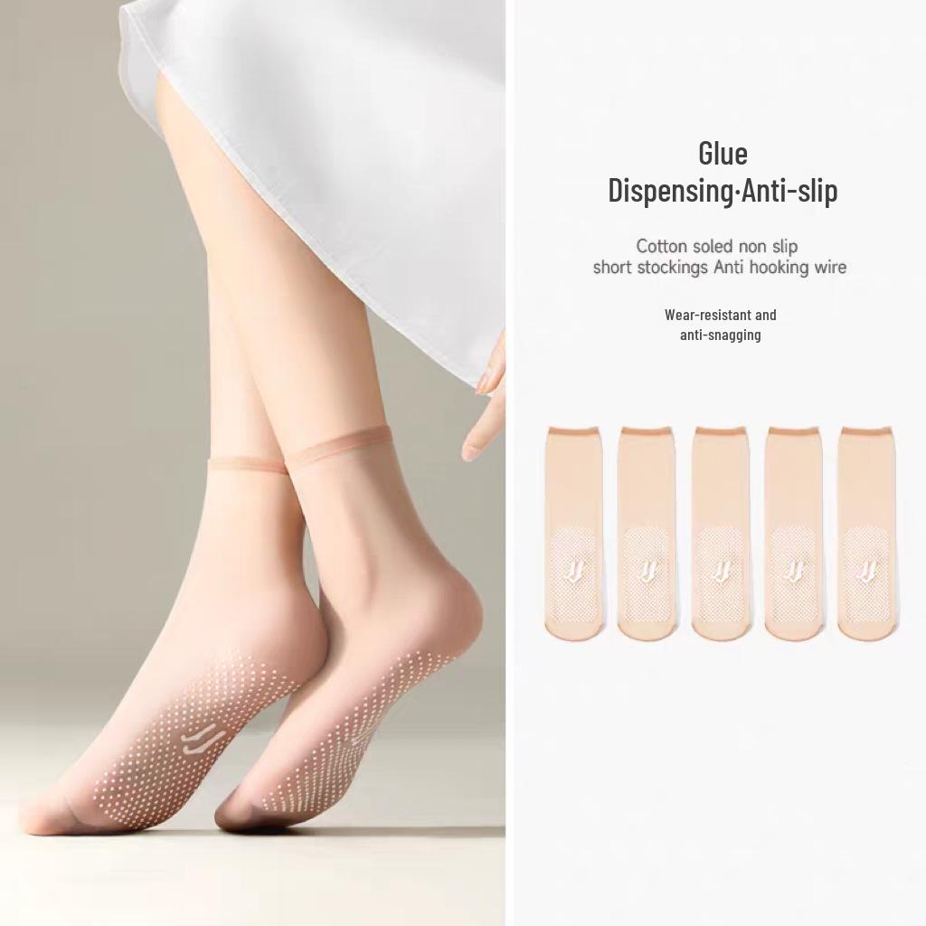 Women's Ultra-Thin Anti-Snag Crystal Stockings with Non-Slip Dots - Breathable, Lightweight, Flesh Color, Mid-Calf