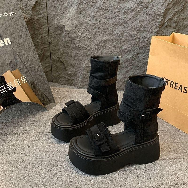 Retro Thick-soled Roman Cool Boots Summer New Cover-toed High-top Sandals Heightening Rear Zipper Short Boots