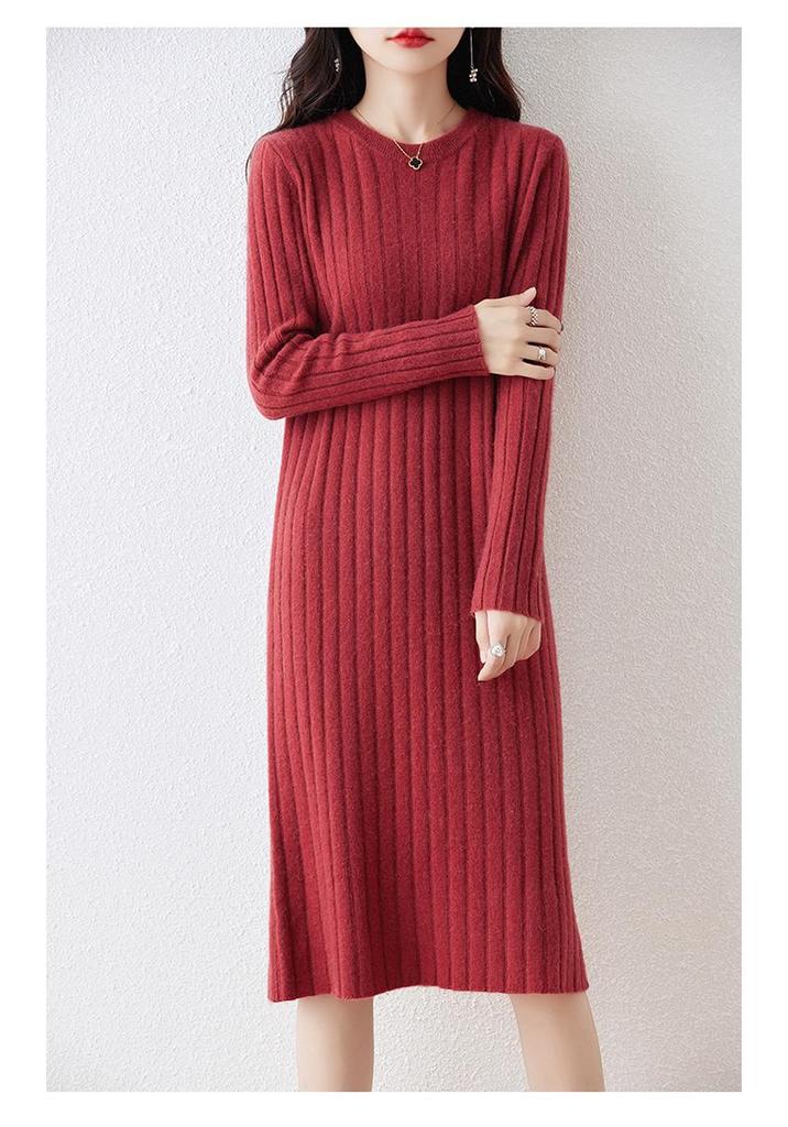 Women's Thickened Long Wool Sweater Dress - Round Neck, Slim Fit, Mid-Length, Warm Knitwear for Autumn and Winter