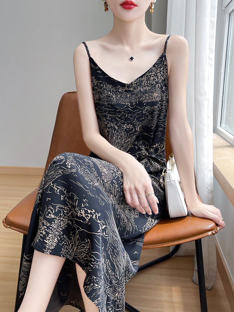 Women's Summer V-Neck Floral Acetate Satin Camisole Dress - Hip-Hugging Over-the-Knee Design