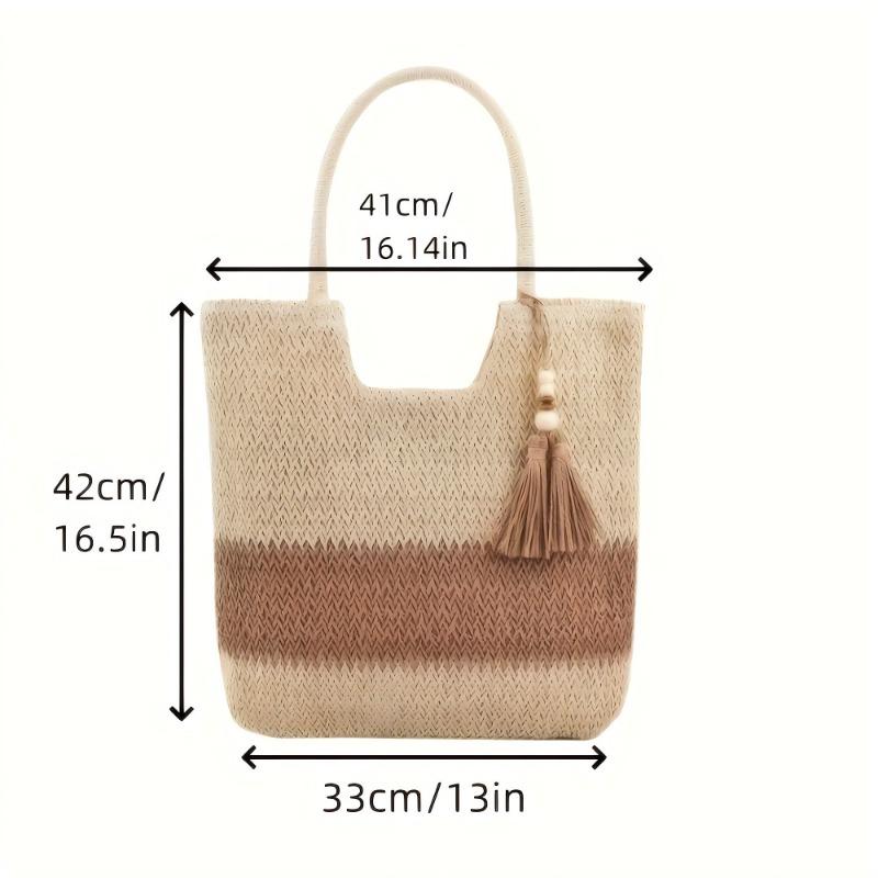 Simple Contrasting Straw Bag Women's Seaside Vacation Woven Bag Large Capacity Zipper Tote Bag Shoulder Beach Bag Portable
